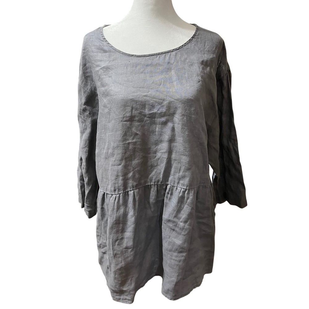 Pure Jill J. Jill Grey Linen Long Sleeve Gathered Waist Tunic Top Womens Large